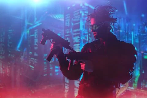 Virtual reality, city of the future. A tech cyber warrior fights with automat Stock Photos