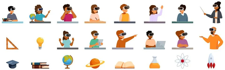 Virtual reality class icons set. Students using virtual reality headsets in.. Stock Illustration