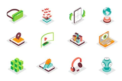 Virtual reality concept 3d isometric icons set. Bundle elements of vr headset Stock Illustration