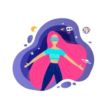 Virtual reality concept. Enthusiastic young girl uses virtual reality headset Stock Illustration