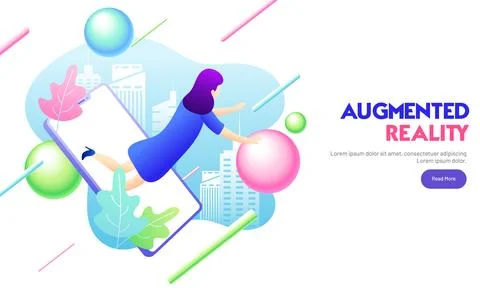 Virtual reality concept with a girl interacting 3D bubble connected in smar.. Illustrazione stock