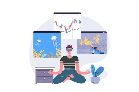 Virtual reality concept in modern flat design for web. Man in VR headset pa.. Stock Illustration