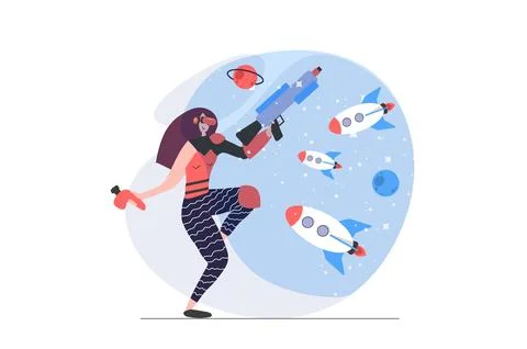 Virtual reality concept in modern flat design for web. Woman in VR headset .. Illustrazione stock