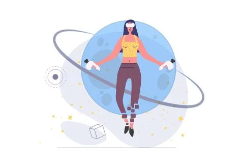 Virtual reality concept in modern flat design for web. Woman in VR headset .. Stock Illustration