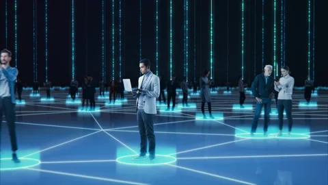 Virtual Reality Concept with Network of People Using Technology Stock Footage 158893143