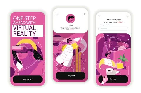 Virtual reality concept onboarding screens. Cyberspace games and augmented Stock Illustration