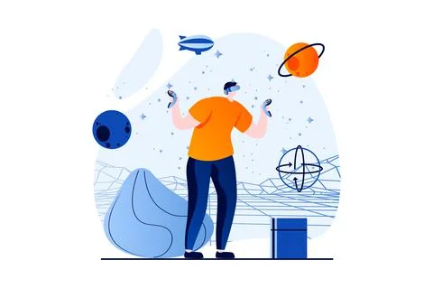 Virtual reality concept with people scene in flat cartoon design. Man in VR Stock Illustration