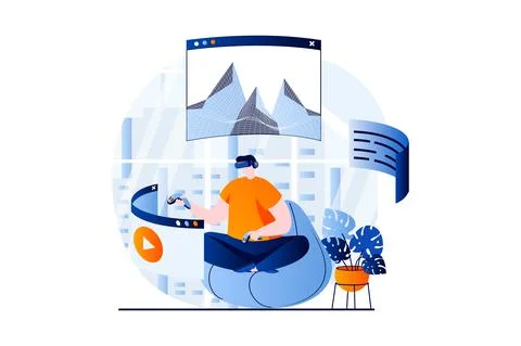 Virtual reality concept with people scene in flat cartoon design. Man in VR Stock Illustration