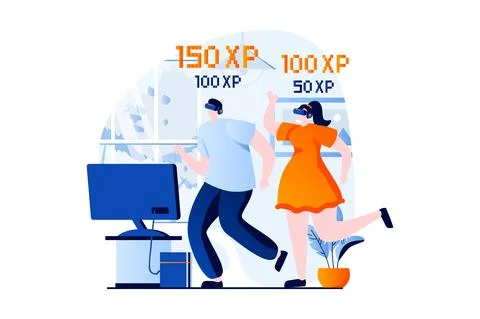 Virtual reality concept with people scene in flat cartoon design. Man and woman Stock Illustration