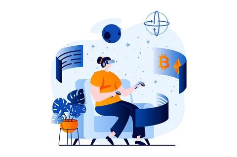 Virtual reality concept with people scene in flat cartoon design. Woman in VR Stock Illustration