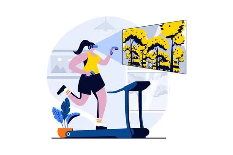 Virtual reality concept with people scene in flat cartoon design. Woman in VR Stock Illustration
