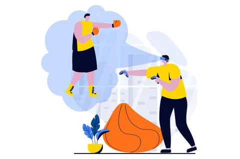 Virtual reality concept with people scene in flat cartoon design. Man in VR Stock Illustration