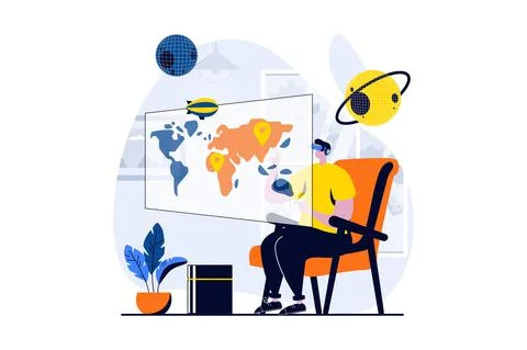 Virtual reality concept with people scene in flat cartoon design. Man in VR Stock Illustration