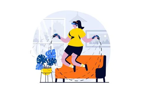 Virtual reality concept with people scene in flat cartoon design. Woman in VR Stock Illustration