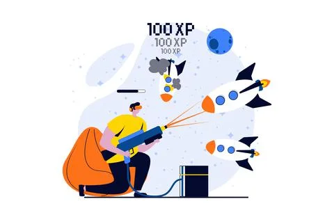 Virtual reality concept with people scene in flat cartoon design. Man in VR Stock Illustration