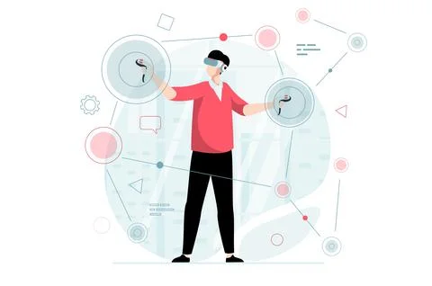 Virtual reality concept with people scene in flat design. Man in VR glasses.. Stock Illustration