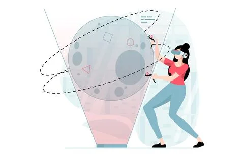 Virtual reality concept with people scene in flat design. Woman in VR glass.. Stock Illustration