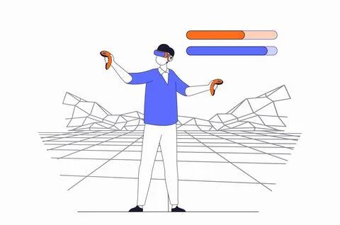 Virtual reality concept with people scene in flat outline design. Man in VR.. Stock Illustration