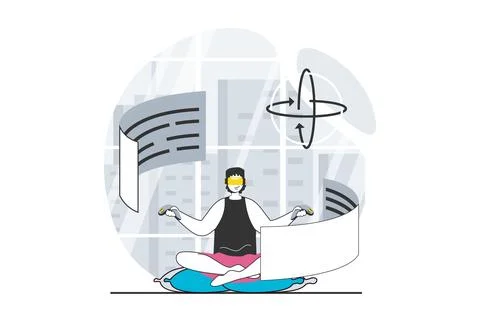 Virtual reality concept with people scene in flat design for web. Man in VR h Stock Illustration