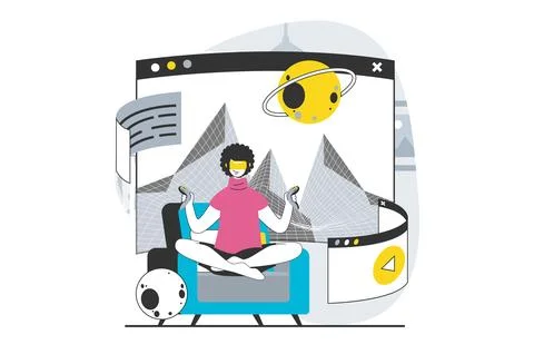 Virtual reality concept with people scene in flat design for web. Man in VR.. Stock Illustration