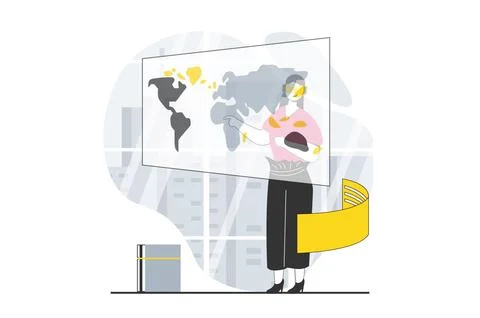 Virtual reality concept with people scene in flat design for web. Woman in .. Illustrazione stock