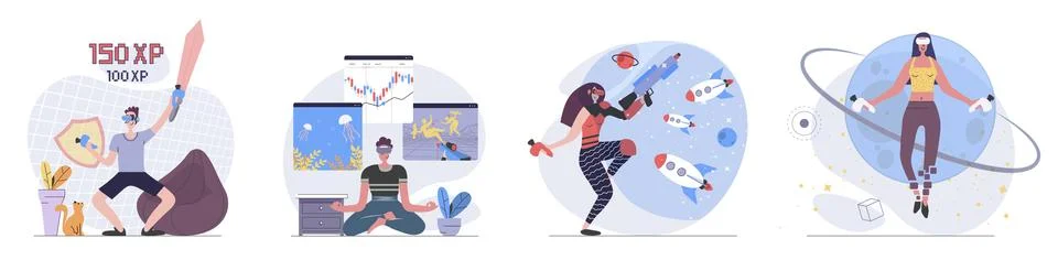 Virtual reality concept with people scenes set in flat web design. Collecti.. Illustrazione stock