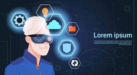 Virtual Reality Concept Portrait Of Senior Man Wearing Vr Headset Glasses Stock Illustration