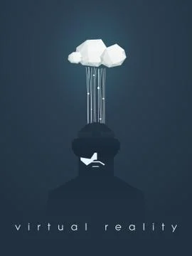 Virtual reality concept vector illustration with man and headset. Data flow to Stock Illustration