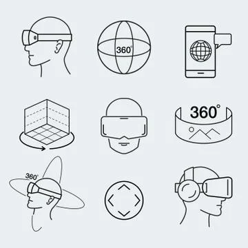 Virtual reality design set , VR, thin line icon, graphic, vector. Stock Illustration