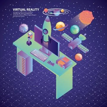 Virtual reality desk computer rocket galaxy satellite planets Stock Illustration