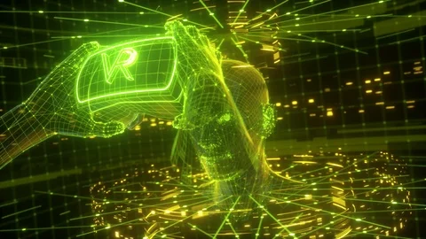 Virtual reality device, flight through cyberspace, headset, gadget, neon cybe Stock Footage 103049965