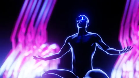 Virtual reality digital technology concept. Man in VR glasses meditates and Stock Footage 201160409