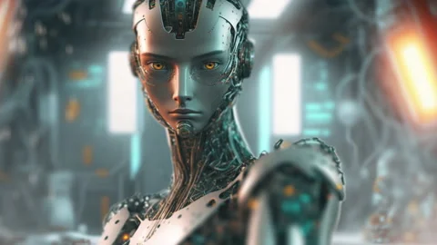 Virtual Reality Engineer Android Woman In Futuristic Lab Calculating Big Data On Stock Footage 231411167