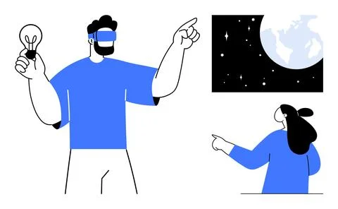 Virtual Reality Exploration with Space and Science Themes Illustrazione stock