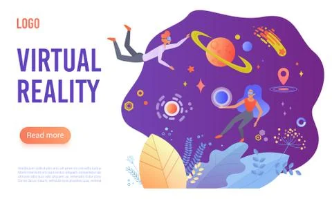 Virtual reality flat vector landing page template. Cartoon people in VR glasses Stock Illustration