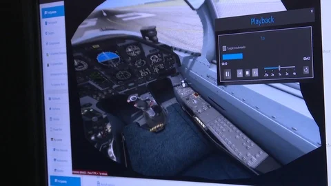 Virtual reality flight simulator cockpit screen in action Stock Footage 103675813