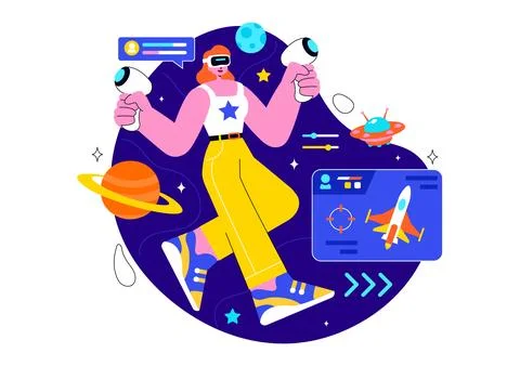 Virtual Reality Gaming Illustration featuring People Using VR Glasses and C.. Illustrazione stock