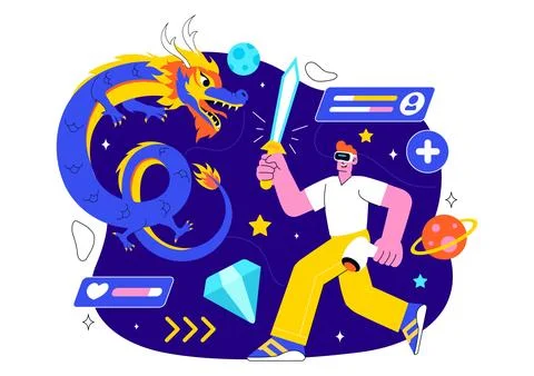 Virtual Reality Gaming Illustration featuring People Using VR Glasses and C.. 스톡 일러스트