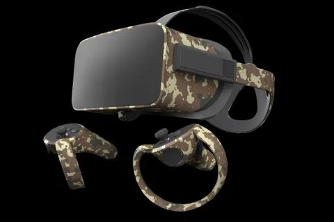 Virtual reality glasses and controllers for online gaming isolated on black Illustrazione stock