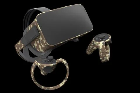 Virtual reality glasses and controllers for online gaming isolated on black Illustrazione stock