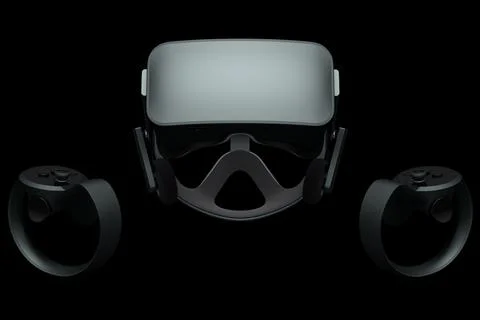 Virtual reality glasses and controllers for online gaming on black background Stock Illustration