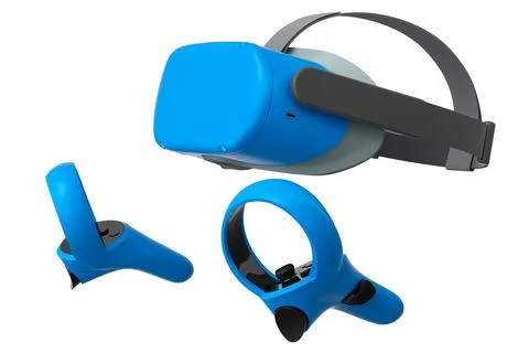 Virtual reality glasses and controllers for online gaming on white background Stock Illustration