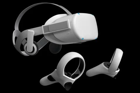 Virtual reality glasses and controllers for online gaming on black background Stock Illustration