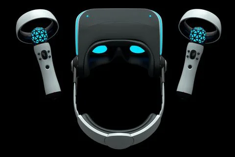 Virtual reality glasses and controllers for online gaming on black background Illustrazione stock