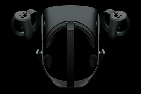 Virtual reality glasses and controllers for online gaming on black background Stock Illustration