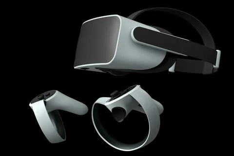 Virtual reality glasses and controllers for online gaming on black background Stock Illustration