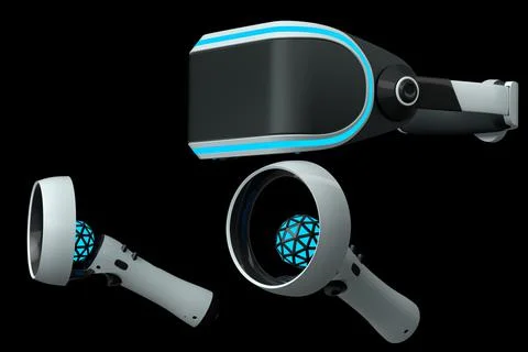 Virtual reality glasses and controllers for online gaming on black background Illustrazione stock