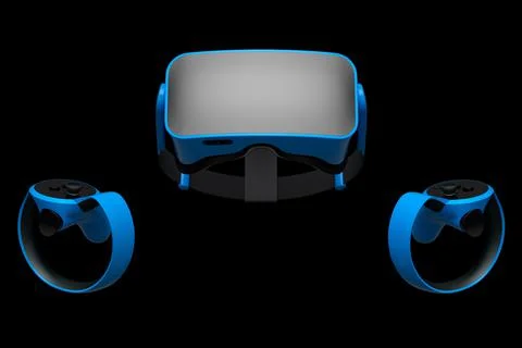 Virtual reality glasses and controllers for online gaming on black background Stock Illustration