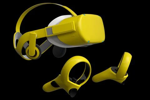 Virtual reality glasses and controllers for online gaming on black background Stock Illustration