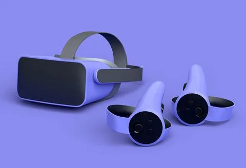 Virtual reality glasses and controllers for online gaming on purple backgroun Illustrazione stock